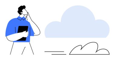 Tablet tutan düşünceli bir adam, soyut bulutun yanında duruyor. Bulut hesaplama, veri depolama, yenilik, teknoloji, dijital strateji, beyin fırtınası, basit düz metafor