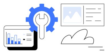 Vites ve İngiliz anahtarı, bar çizelgesi, bulut simgesi ve medya paneli. Teknoloji, analitik, bulut hesaplama, geliştirme, optimizasyon dijital dönüşüm için ideal basit iniş sayfası