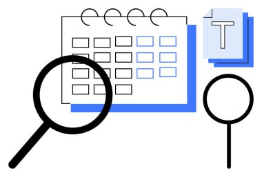 Büyüteç mavi işaretli belgelerle birlikte bir ızgara takvimine odaklanır. Program planlama, organizasyon, araştırma, analiz, veri incelemesi, verimlilik, basit iniş sayfası için ideal