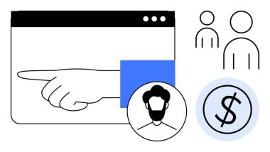 Bir tarayıcı arayüzü, kullanıcı avatarları ve dolar işaretleri rehberliği, karar verme mekanizmasını, izleyici hedeflemesini, finansal yönetimi, müşteri segmentasyonunu, pazarlamayı, basit bir daireyi sembolize eder.