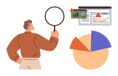 Haritalarda ve tarayıcı raporlarında uyarı işaretlerinin yanında büyüteç tutan adam. Veri analizi, problem çözme, iş anlayışı, analitik, araştırma, karar verme ve genel bakış için ideal. A