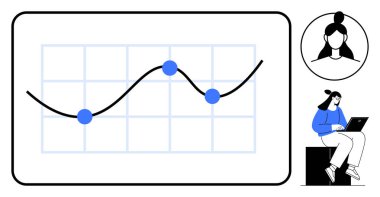 Grafikte altı çizilmiş üç nokta olan veri tablosu, avatarın altında dizüstü bilgisayarla çalışan bir kadın. Analiz için ideal, istatistik, izleme, uzaktan çalışma, planlama, araştırma, basit düz metafor