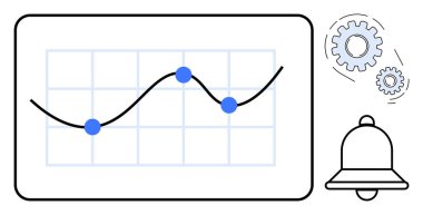Veri eğilimleri için bir ızgarada çizilmiş noktaları olan çizgi grafiği, bildirim için çan ve sistem optimizasyonu için vites. Analiz, izleme, verimlilik, iş anlayışı ve teknoloji sistemleri için ideal