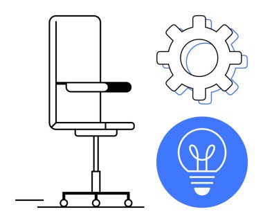 Tekerlekli sandalye, tasvir süreci optimizasyonu ve fikirleri yansıtan mavi ampul. Üretkenlik, çalışma alanı tasarımı, yenilik, yaratıcılık, takım çalışması, strateji sade iniş için ideal