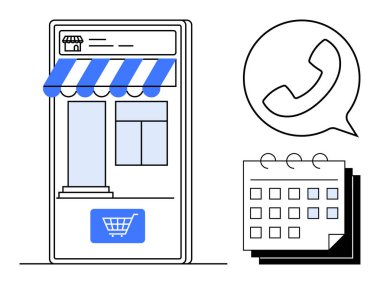 Dükkan güneşliği, alışveriş arabası düğmesi, planlama için takvim ve ikon ile çevrimiçi mağaza arayüzü. E-ticaret, iletişim, rezervasyon, perakende, kolaylık programlama için ideal