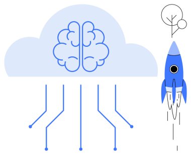 Roketin yanındaki dijital çizgilere bağlı beyin bulutu bağlantı, büyüme ve gelişimi sembolize ediyor. Teknoloji, yapay zeka, yenilik, bulut hesaplama, beyin fırtınası, başlangıç dijital için ideal