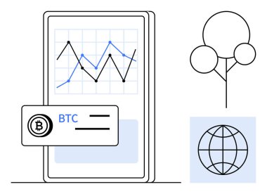 BTC kart, grafik, dünya ve ağaç simgesi ile şifreli para birimi analizlerini gösteren mobil ekran. Fintech, ticaret, kripto para birimi, küresel ekonomi, dijital işlem teknolojisi için ideal
