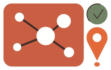 Turuncu arkaplandaki çizgilerle bağlanan düğümler, tamamlama için yeşil kontrol işareti ve turuncu konum işaretleyicisi. Takım çalışması, proje izleme, hedef planlama, lojistik, navigasyon, ağ kurmak için ideal