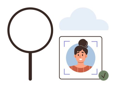 Büyüteç, yüz tanımlama çerçeveli kullanıcı fotoğrafı, bulut, kimlik doğrulama için yeşil işaret. Teknoloji, güvenlik, veri, profil, gizlilik biyometrikleri için ideal