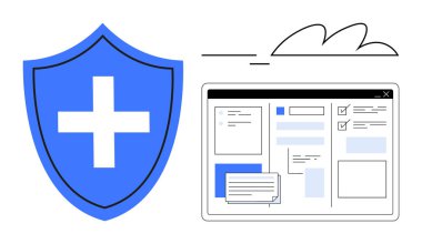 Tarayıcı arayüzü renklendirme formları ve veri alanlarının yanında çapraz sembollü mavi bir kalkan. Siber güvenlik, gizlilik, veri yönetimi, kullanıcı koruması, risk azaltma, güvenli yazılım için ideal