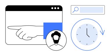 Tarayıcı penceresinde el gösterimi, kullanıcı profili avatarı arama çubuğunda büyüteç ve zaman için oklu saat. Navigasyon, kullanıcı arayüzü, zamanlama, dijital kimlik ve verimlilik için ideal