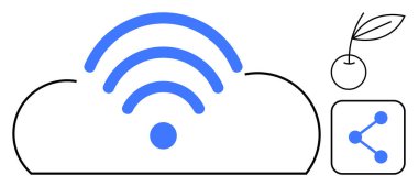 Kablosuz sinyal ikonuna sahip bulut, grafik ve çevre dostu kiraz yaprağı sembolü paylaşımı. Teknoloji, internet, eko-bilinçli yenilik, bağlantı, sosyal medya, sürdürülebilirlik, basit
