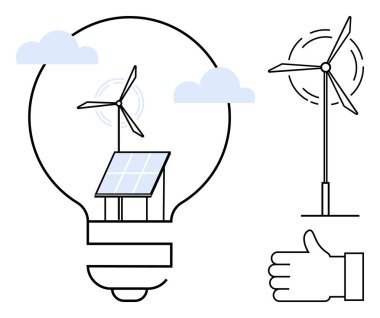 Güneş paneli ve rüzgar türbinli ampul yenilenebilir enerjiyi sembolize eder. Bulutlar, durgun rüzgar türbinleri ve baş parmaklar sürdürülebilirliği vurguluyor. Yeşil enerji, yenilik, ekoloji için ideal, basit
