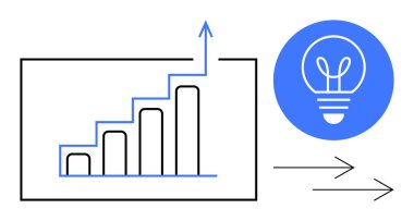 Büyümeyi gösteren yukarı doğru ok çizelgesi, yaratıcılığı ileten ampulün yanında. İş için ideal, yenilik, başarı, büyüme, analitik, planlama, strateji basit iniş sayfası