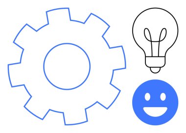 Geniş dişli, ampul ve mutlu yüz yaratıcılığı, süreç optimizasyonunu ve olumlu sonuçları simgeler. Takım çalışması, beyin fırtınası, çözümler, verimlilik yenilik mutluluğu için idealdir.