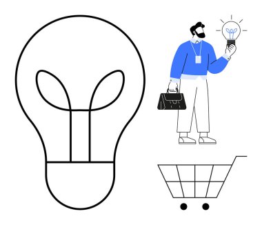 İş adamı elinde bir alışveriş arabası ve geniş çizgili bir ampul sembolü olan bir ampul tutuyor. Yenilik, girişimcilik, iş çözümleri, perakende satış, yaratıcılık, e-ticaret için ideal