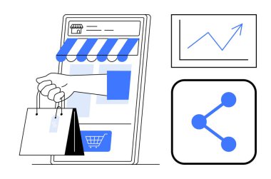 Akıllı telefon mağazasının vitrininde el ele tutuşan çantalar, büyüme tablosu ve paylaşım ikonu. E-ticaret, dijital pazarlama, alışveriş, çevrimiçi satışlar, iş büyümesi, veri analizi için ideal