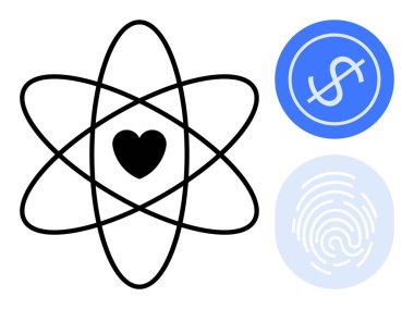 Atomik kalp sembolü dolar ve parmak izi ikonları ile birlikte sevgi, yenilik, finans, güvenlik, güven, veri ve kimliği temsil eder. Teknoloji ve siber güvenliği finanse etmek için ideal