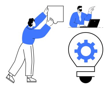 Yapboz parçalarını kaldıran adam, masa başında çalışan iş adamı yönlendirme, yeniliği simgeleyen ampul teçhizatı. Takım çalışması, işbirliği, problem çözme, strateji, yaratıcılık, beyin fırtınası için ideal