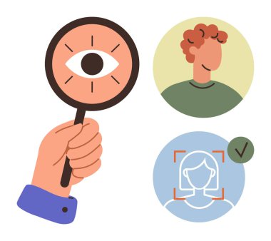 El büyüteci, bir göz, iki kullanıcı profili avatarı, yüz tanıma sistemi ve onay işareti. Güvenlik, teknoloji, kimlik, araştırma, kullanıcı deneyimi doğrulaması için ideal