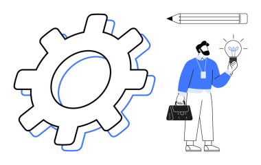 Dişliler süreci simgeler. Ampul tutan adam yeniliği simgeler. Kalem de planlamayı simgeler. Takım çalışması, yaratıcılık, beyin fırtınası, iş stratejisi, süreç iyileştirmesi, ürün tasarımı için ideal