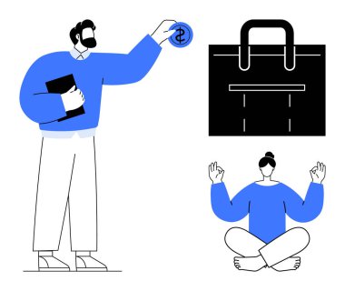 Para ve defter tutan adam çantanın yanında duruyor. İş amaçlarını temsil ediyor. Oturan kadın denge için yoga yapıyor. İş hayatı uyumu, finans, refah, odaklanma, kurumsal strateji için ideal