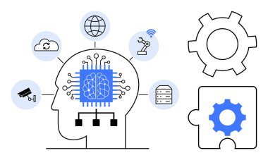 Yapay zeka çipli insan kafası, buluta, kameraya, robot kola, veritabanına, dişlilere bağlı. AI, IoT, makine öğrenme otomasyonu için ideal büyük veri robotik teknolojisi eğitimi için basit iniş sayfası