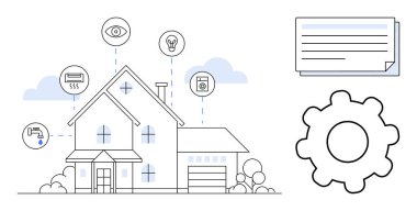 Su, ışık, güvenlik ve enerji kontrolü için IOT cihazları olan bir ev. Teknoloji, yenilik, çevre, ev geliştirme, konfor enerji verimliliği için ideal