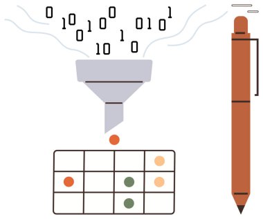 Veri bacası ikili kodu bir kalemin yanında organize matris biçimine dönüştürüyor. Veri analizi, makine öğrenme, teknoloji konsepti, büyük veri odaklı tasarım, araştırma fikri, eğitim için ideal