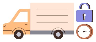 Nakliye kamyonu yolda, güvenlik kilidi emniyette ve saat de zamanlamayı gösteriyor. Nakliye, lojistik, güvenli teslimat, zaman yönetimi, tedarik zinciri, e-ticaret için ideal basit düz metafor