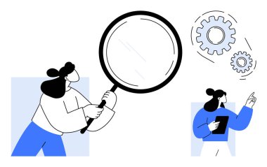 Elinde büyüteç tutan kadın detayları inceliyor, dişliler süreci ve problem çözmeyi işaret ediyor. Takım çalışması, analiz, yenilik, odaklanma, anlayış, verimlilik için ideal. Basit düz