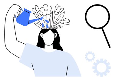 Büyümeyi sembolize eden büyüyen çiçeklerle başını sulandıran kişi. Büyüteç ve vites dahil. Yaratıcılık, kendini geliştirme, problem çözme, bilgi, farkındalık, yenilik için ideal