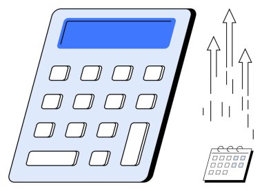 Büyük hesap makinesi, yukarı bakan oklar ve küçük bir takvim finans, hesaplama, tasarruf, hedefler, planlama öneriyor. Yatırım bütçesi büyüme muhasebe analizleri için idealdir. Basit düz