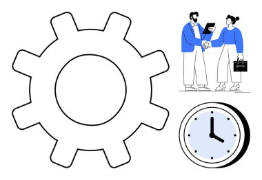 Dişli temsil süreci, zamanı simgeleyen saat ve iş adamları arasındaki tokalaşma işbirliğini vurguluyor. Takım çalışması, iş akışı, zaman verimliliği, iş planlaması, verimlilik için ideal