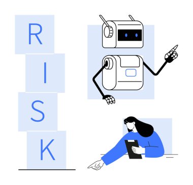 Profesyonel veriler tabletten incelenirken yukarıda RISK 'i heceleyen robot hareketi. Yapay zeka, otomasyon, risk analizi, dijital dönüşüm, veri yönetimi, robotik, basit iniş sayfası için ideal