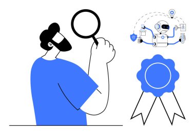 Elinde büyüteç tutan kişi, robot işleri yürüten kişi, onayı ve güveni işaret eden rozet. Yapay zeka yeniliği, otomasyon, güven, denetleme, kalite güvencesi araştırması için ideal. Basit düz