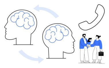 Oklarla birbirine bağlı iki beyin bilgi transferini temsil ediyor. İş adamları el sıkışıyor ve bir telefon iletişim, takım çalışması ve işbirliği öneriyor. Eğitim ve fikir paylaşımı için ideal