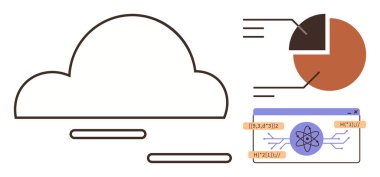 Katmanlı elementlere sahip bulut çizgisi, pasta grafiği, atomik diyagramı olan tarayıcı penceresi. Veri depolama, bulut hesaplama, analitik, araştırma, teknoloji, yenilik için ideal basit düz metafor