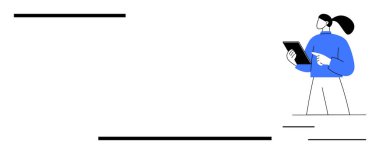 Mavi kazaklı kadın elinde tablet, temiz, yapılandırılmış düzen ve siyah çizgilerin ortasındaki ekrana bakıyor. Üretkenlik, teknoloji, eğitim, iletişim, tasarım, analiz için ideal basit