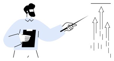 Elinde pano tutan kişi, büyümeyi temsil eden yükselen okları işaret ediyor. İş, liderlik, sunum, strateji, başarı, planlama eğitimi için idealdir. Basit düz metafor