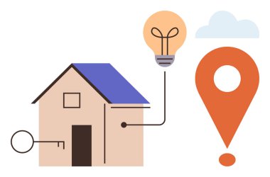 Ev anahtarla, ampulle ve lokasyon iğnesiyle bağlanmış. Gayrimenkul, akıllı teknoloji, güvenlik sistemleri, enerji verimliliği, ev otomasyonu, bağlantı dijital yeniliği için ideal