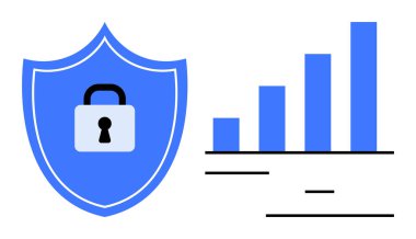 Kalkanlar, büyümeyi temsil eden bir çubuk grafiğin yanında, veri koruması ve güvenliği sembolize ediyor. Siber güvenlik, teknoloji, veri gizliliği, iş ilerlemesi, güvenlik metrikleri, dijital için ideal