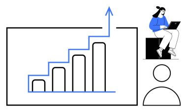 Yükselen basamaklı bar çizelgesi ve yukarı doğru ok, dizüstü bilgisayar kullanan kadın, soyut kullanıcı profili. Analiz, büyüme, veri, strateji, başarı takım çalışması için ideal. En az düz metafor
