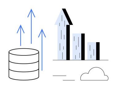 Veri yığını, yukarı doğru oklar, ilerlemeyi gösteren çizelge ve bulut. Teknoloji, iş büyümesi, istatistik, yenilik, veri stratejileri için ideal basit iniş sayfası