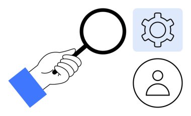 Vites sembolü ve kullanıcı profili ikonuyla el ele tutuşan büyüteç. Arama, optimizasyon, analiz, kullanıcı araştırması, süreç iyileştirme, veri görselleştirme, basit iniş sayfası için ideal