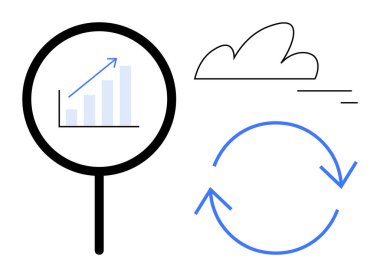 Büyüteç büyütme büyütme grafiği, bağlantı için bulut, gelişme için dairesel ok. Analiz, geliştirme, sürdürülebilirlik, yenilik, optimizasyon, araştırma sade iniş için ideal