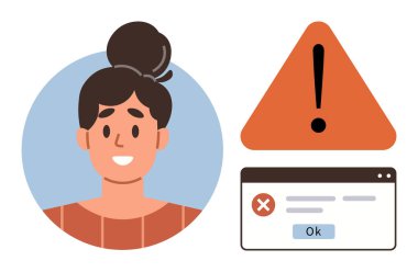 Uyarı üçgeni ve hata bildirme penceresinin yanında gülümseyen kadın alarm, sorun çözme, dikkat, problem çözme, dijital sorunlar, sistem hataları vurguluyor. Uyarı ve teknoloji için ideal.