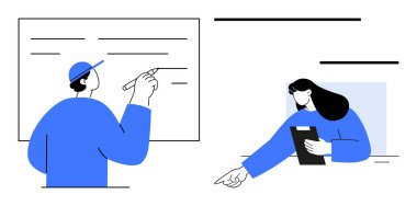 Erkek sunucu bir kurul üyesi ve elinde bir dosya tutan bir bayan takım üyesiyle bir görevi işaret ediyor. Takım çalışması, eğitim, eğitim, sunum, iletişim, strateji, basit