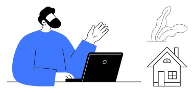 Bilgisayarla oturan, uzaktan bağlanırken el kol hareketi yapan biri. Ev ve bitki tasarımı minimumda. Uzak çalışma, iletişim, serbest çalışma, sanal toplantılar, modern yaşam tarzı ve teknoloji için ideal