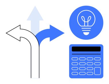 Seçenekleri gösteren üç farklı ok, hesaplamayı temsil eden bir mavi hesap makinesi ve yeniliği sembolize eden bir ampul ikonu. Karar verme, strateji, planlama ve finansman için ideal